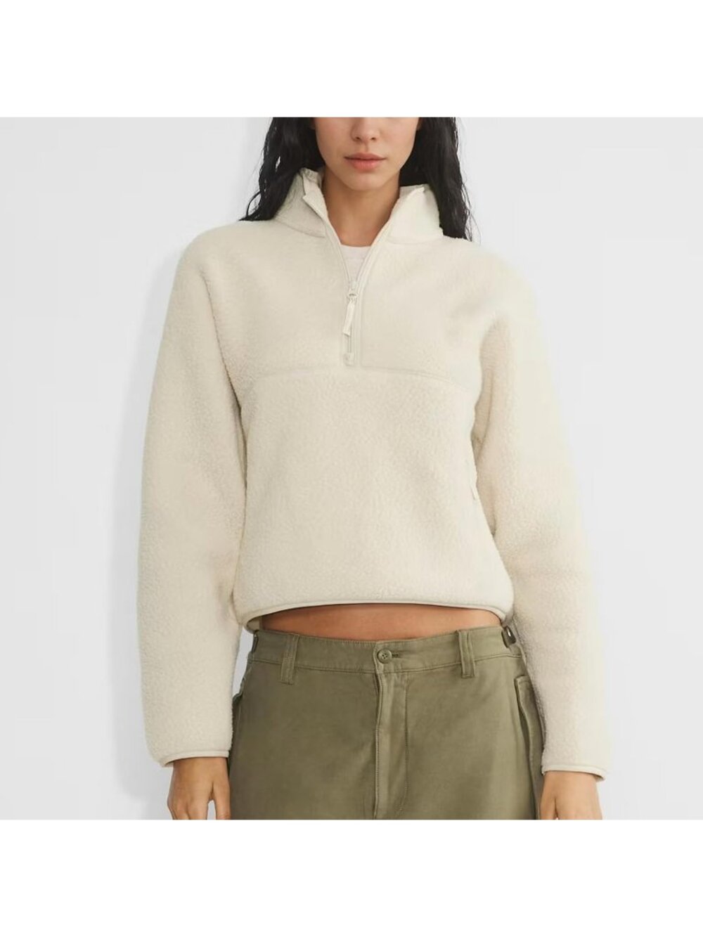Women Beige 100% Polyester Mock-neck Fuzzy Sherpa Fleece Quarter Zip Sweatshirt - Picture 5 of 6